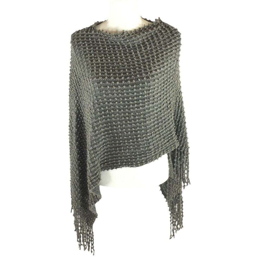 Sax Oversized Textured Chunky Knit Metallic Pocho One Size Gray Gold Shawl OS
